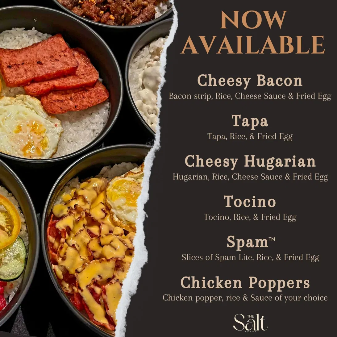 Rice bowls menu with cheesy bacon, tapa, tocino, spam, and chicken poppers